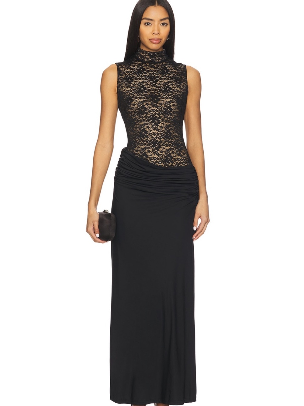 Sleeveless Black Lace Bodice Evening Gown